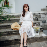 2016夏季韩版修身显瘦欧根纱蕾丝中长款套装连衣裙镂空两件套女潮