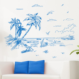 欧式地中海蓝色海洋风格沙发背景墙面装饰自粘墙贴纸贴画素描椰树
