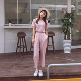 2016夏季韩版新款女士套装短袖上衣九分阔腿裤纯色显瘦休闲两件套