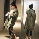 韩国东大门代购宽松大码开衫连帽长袖蝙蝠型绿色中长款风衣外套女