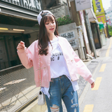 韩国2016秋季新款短外套女长袖假两件拼接衬衫棒球服夹克女bf潮