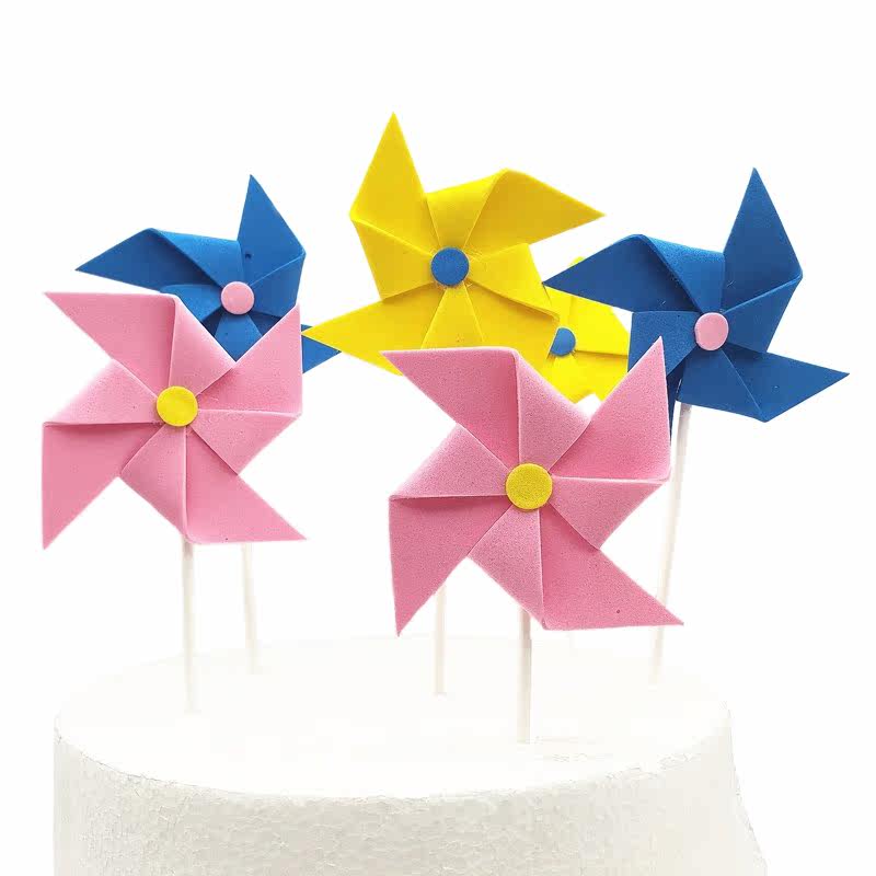Sponge windmill cake plug-in Baking cake decorated three-dimensional windmill card childrens birthday dessert table