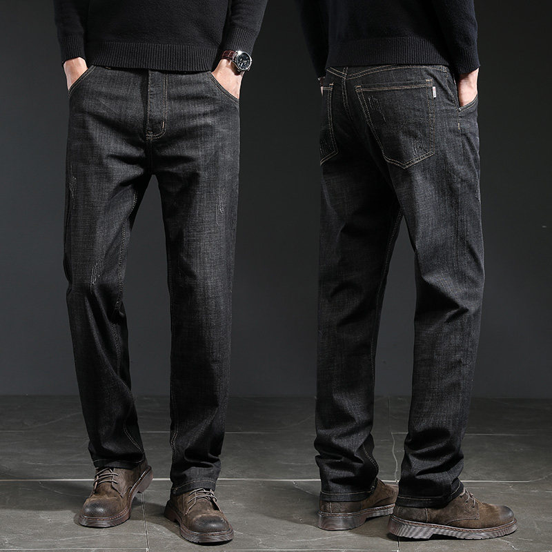 Summer thin black wide-legged jeans men loose straight straight father spring and autumn retro elastic high-end high-end large-size pants