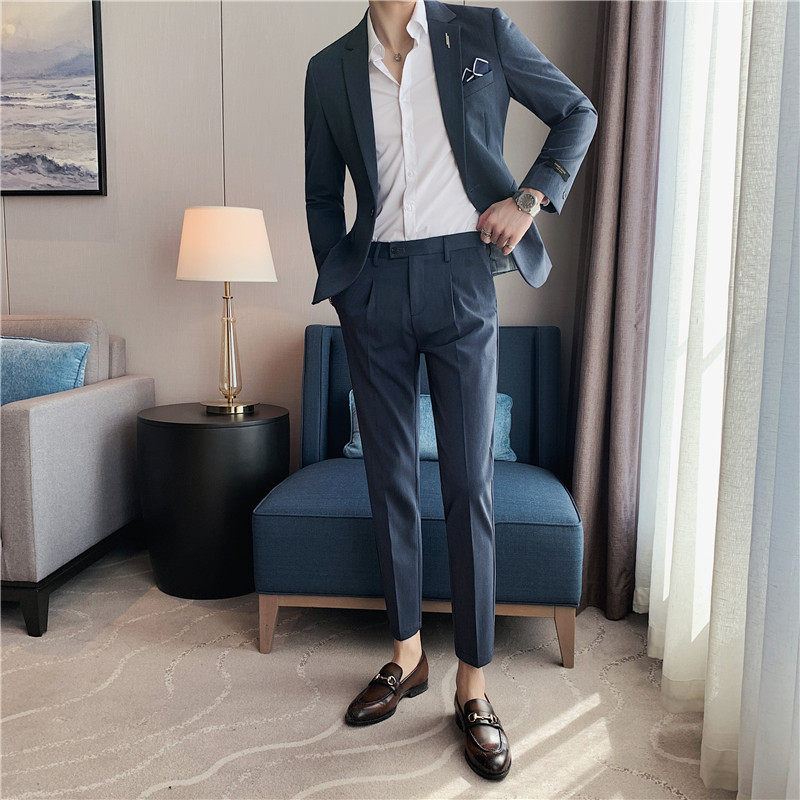 Mens suit set 2021 spring new temperament solid color suit mens suit decoration body Korean version of leisure two-piece set
