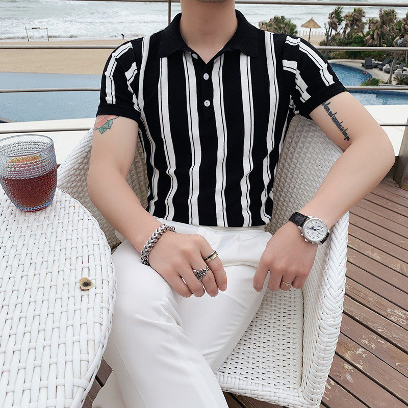 2021 New summer knitted short-sleeved t-shirt mens body elastic half-sleeve striped mens polo shirt tide card mens wear