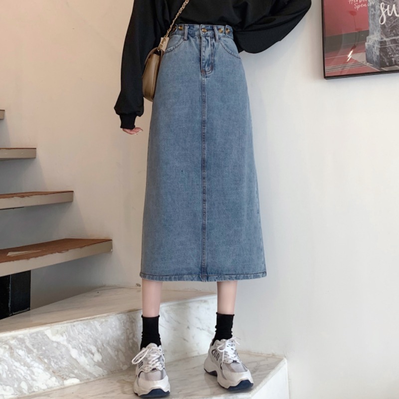 Spring 2021 new retro a-word denim skirt womens mid-length slim cover small high-waisted skirt