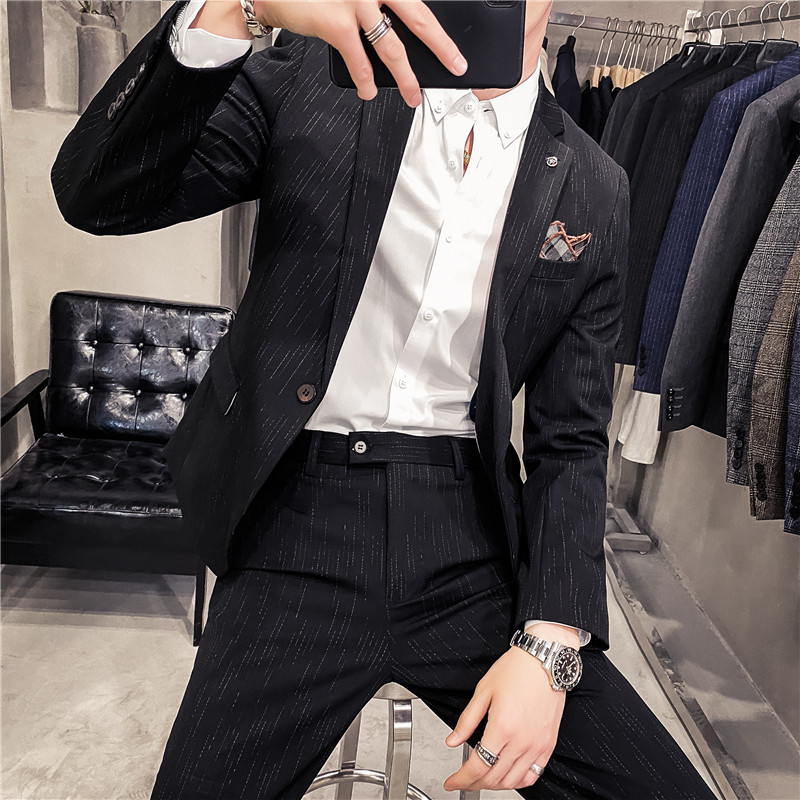 Casual suit mens autumn dress new Korean version of the suit two-piece mens business dress striped suit mens suit tide