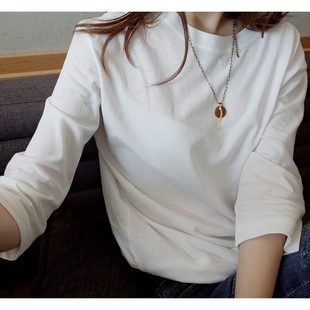 韩版百搭纯棉t恤女中长款宽松圆领白色七分袖打底衫