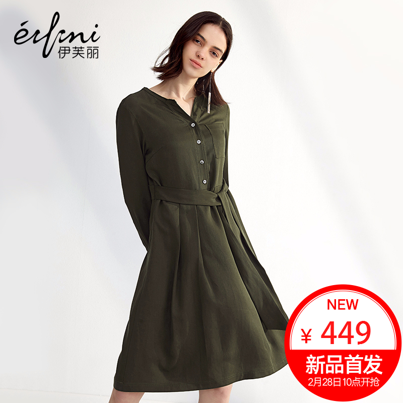 伊芙丽预售2017春装新款橄榄绿V领连衣裙女系带显瘦a字裙长袖裙子