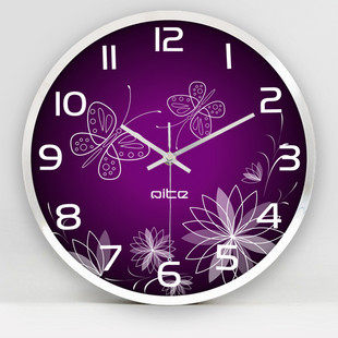 琪特圆形壁钟挂表 儿童钟表挂钟 卧室客厅静音创意表紫红色蝴蝶花