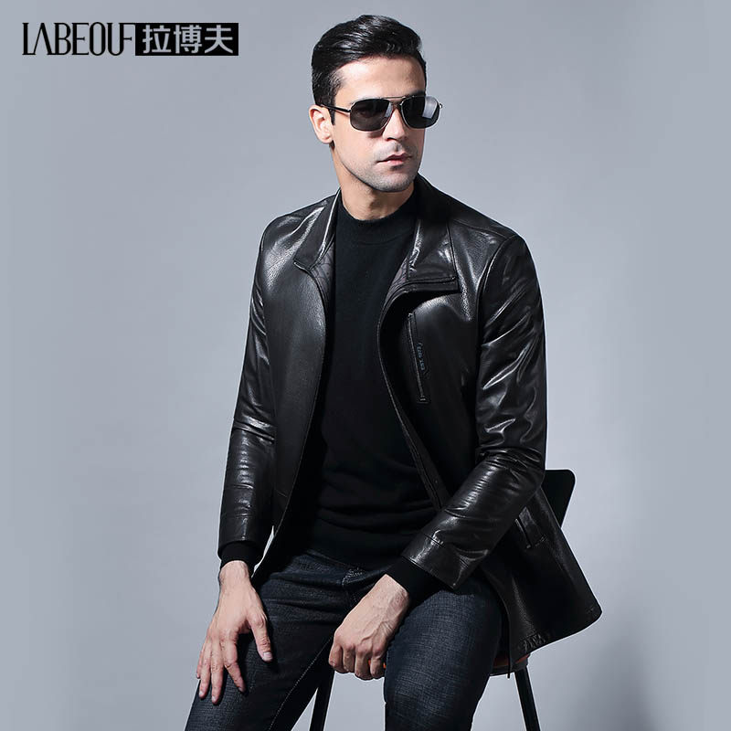 LaBov leather mens 2021 new goatskin collar mid-length jacket middle-aged winter leather jacket