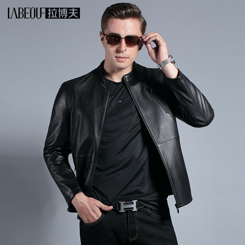 LaBov mens leather cotton sheepskin clothing short slim collar dad locomotive jacket jacket large size mens