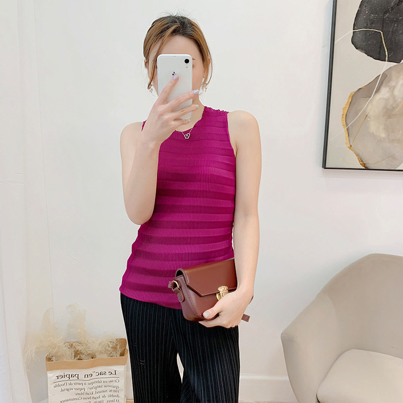 Three-house pleated sleeveless T-shirt womens summer new loose-fitting pleated collared vest bottoms pleated top