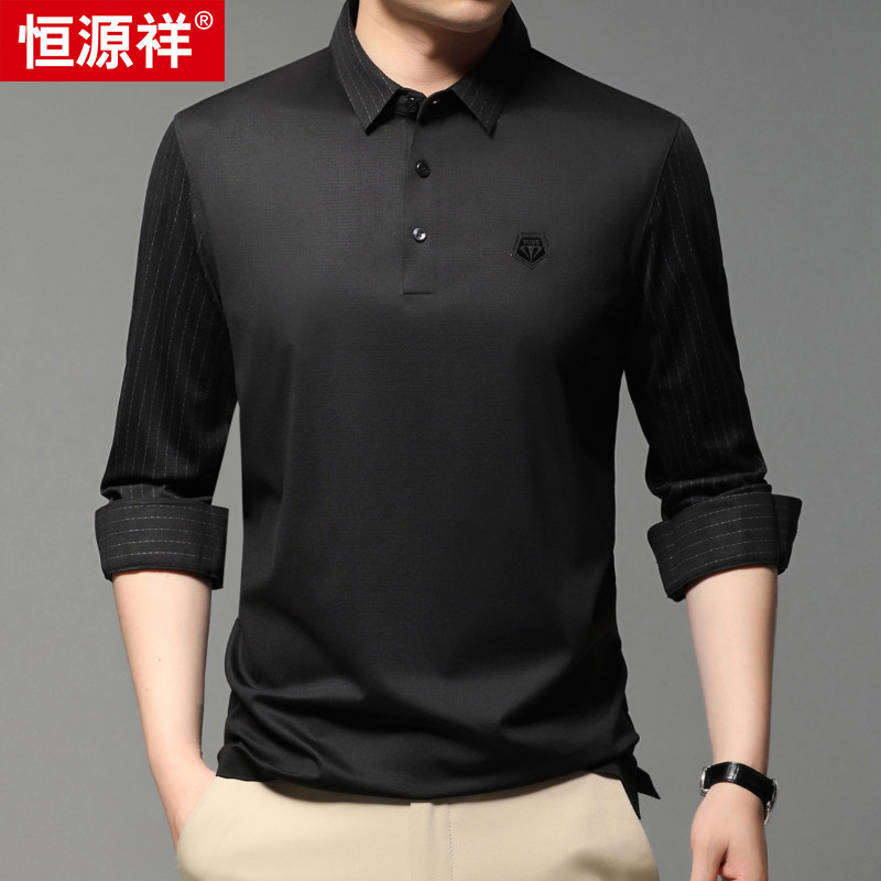Hengyuanxiang father spring dress middle-old mens long-sleeved T-shirt thin business casual collar top solid color POLO shirt