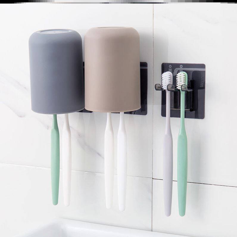 。 Walled toothbrush rack toothbrush cup set plain color mouthwash cup bathroom toothbrush rack combination with nail-free holes