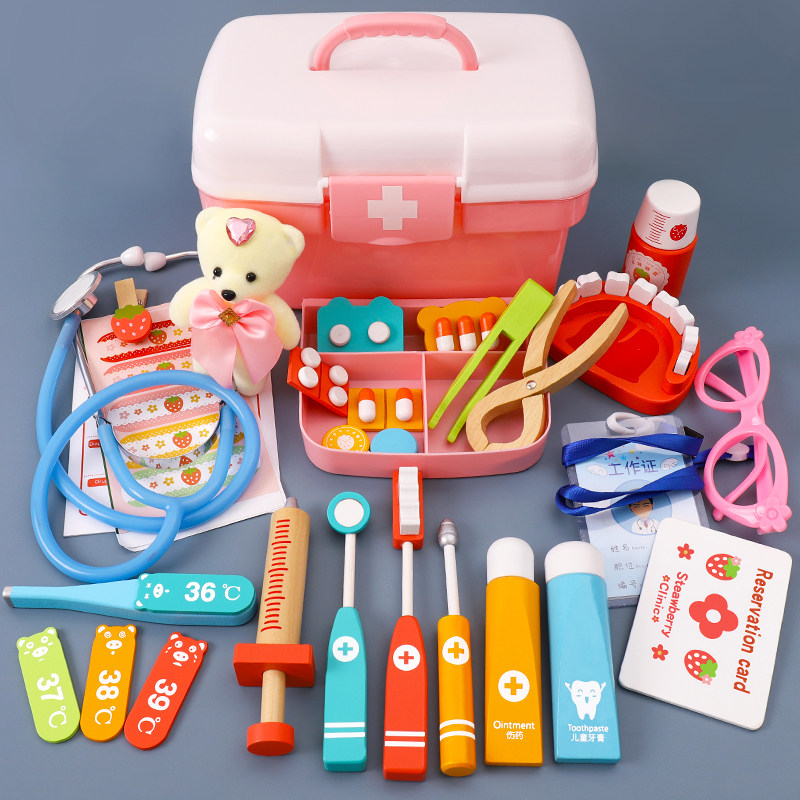 Simulated wooden doctor toy set girl medicine box injection nurse boy children home stethoscope