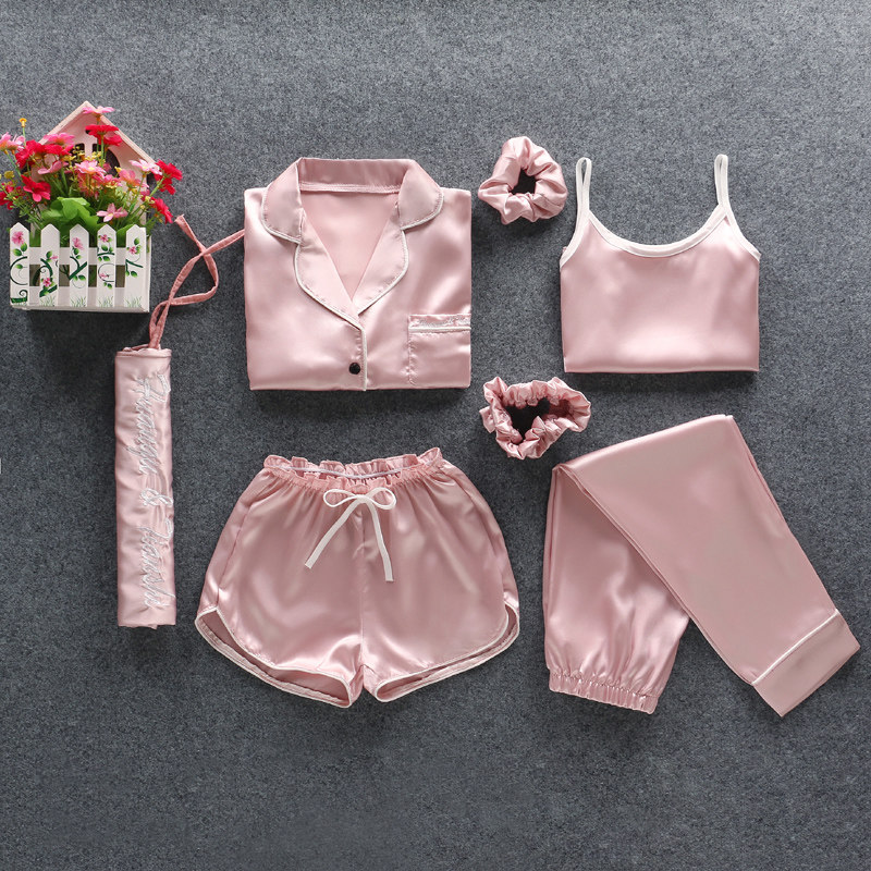 Girls pyjamas seven-piece set of Korean version of foreign air childrens family air-conditioning clothing summer thin ice silk home clothing set