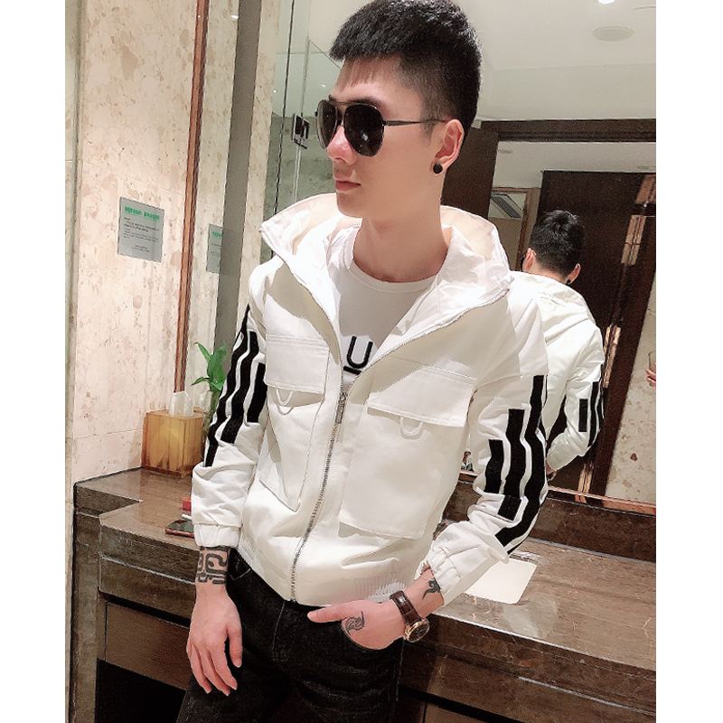 2021 New ins tide mens slimmed-down jacket social youth hooded jacket mens spirit boy white top man