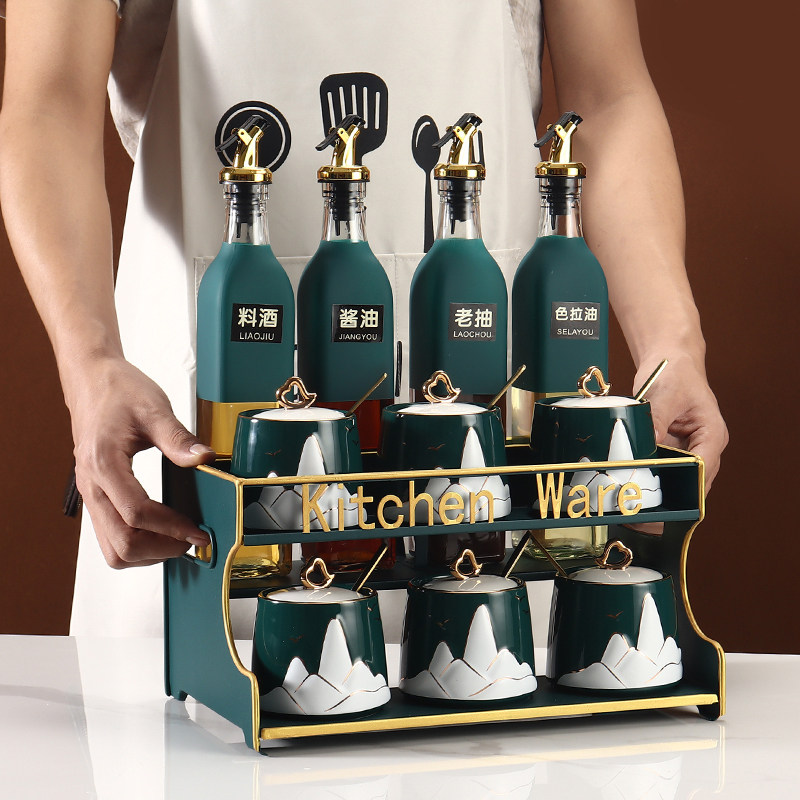 High-pigment ceramic seasoning cans seasoning kitchen oil salt sauce vinegar flavoring bottle combination set home storage box