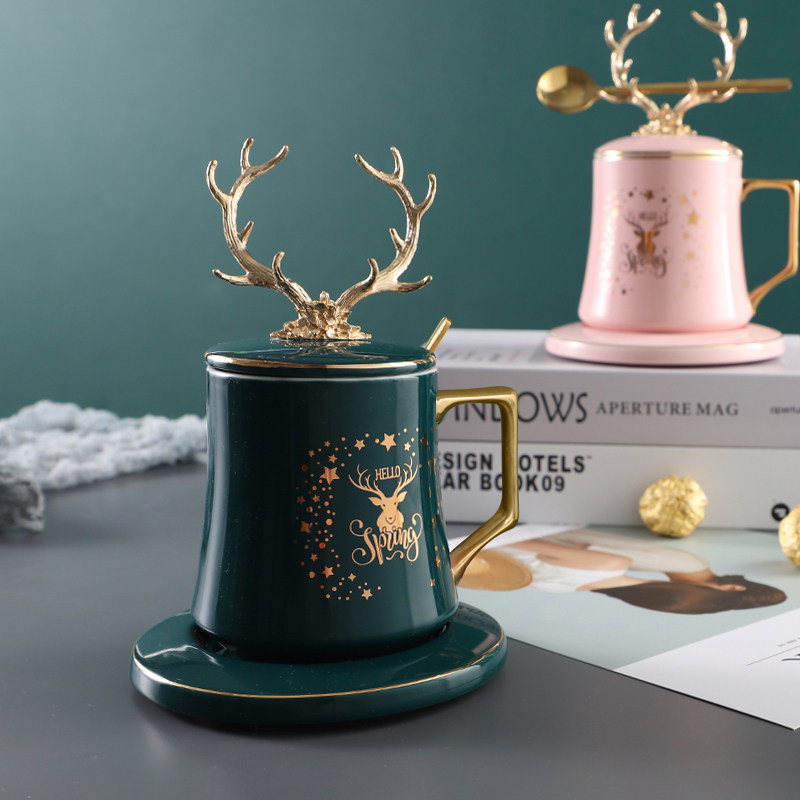 Ceramic cup mug with cover spoon personality creative practical gift birthday gift high-end exquisite home water cup