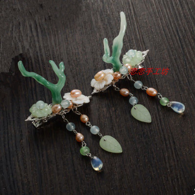 Ancient wind hair Han clothing step shake DIY hand-jewelry antlers chirping shell pearl hair clip to clip finished product