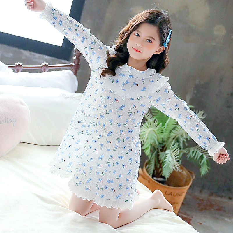 Girls pyjamas spring and autumn cotton long-sleeved thin lace dress little girl cute princess home pajamas