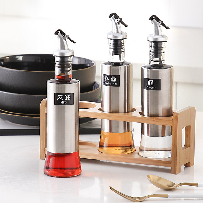 Glass jug oil tank holder stainless steel oil jug kitchen seasoning bottle soy sauce bottle wine bottle set