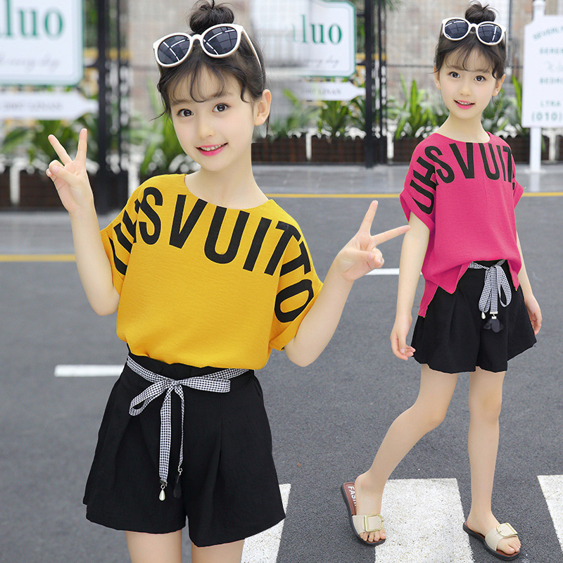 Net red girls dress summer clothes 2021 new set of foreign gas summer big childrens clothes girl 10 years old summer clothes