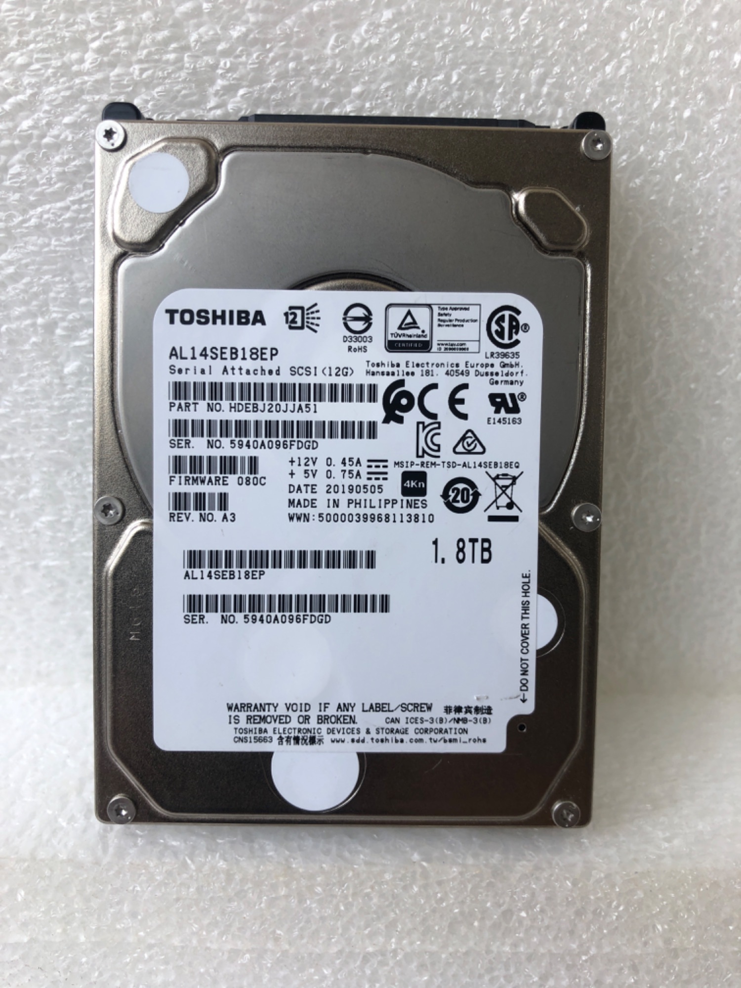 Toshiba AL14SEB18EP 1.8T 4Kn 12G 128MB SAS 2.5 inch server hard drive
