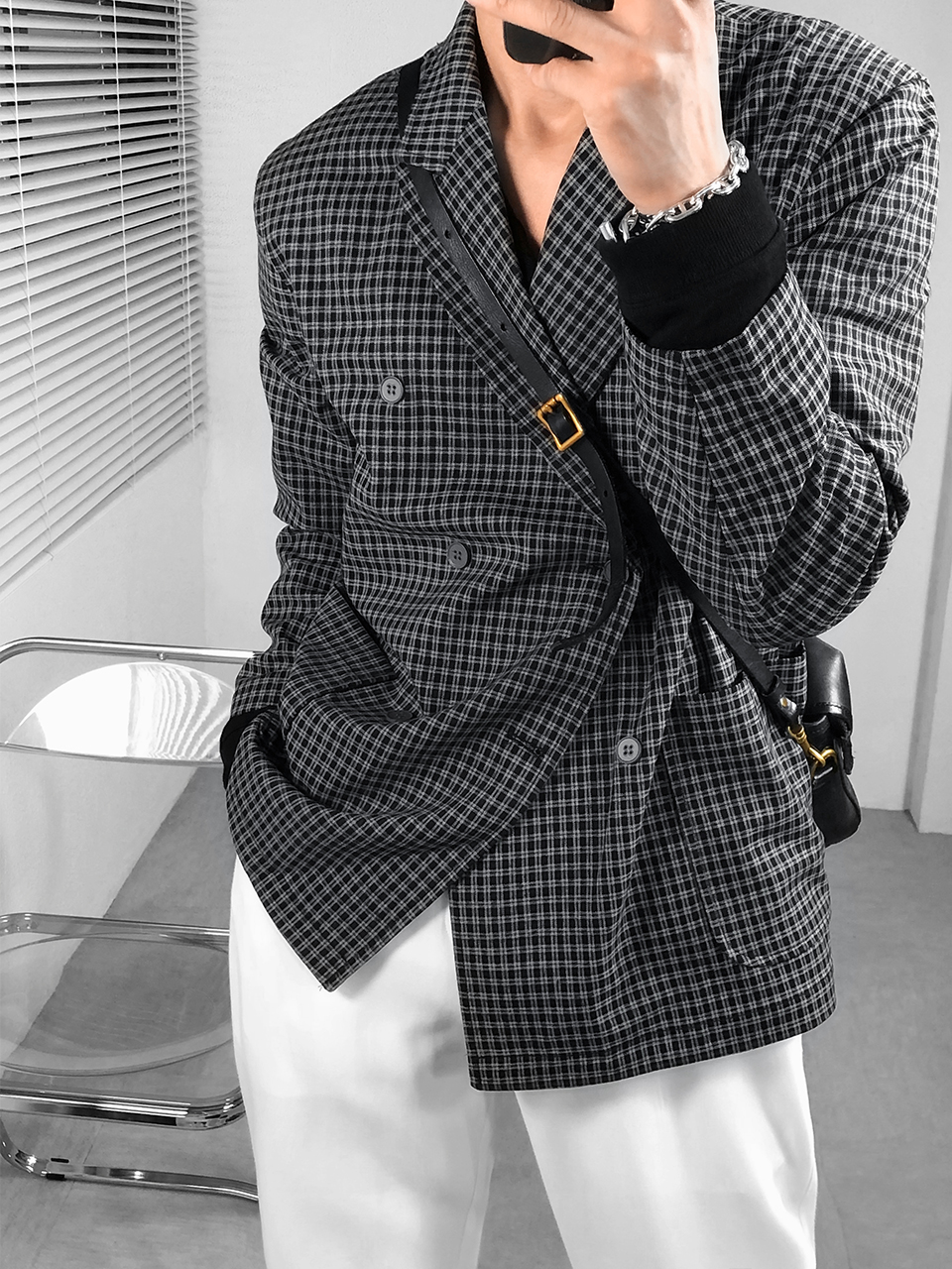 Dragon talk 2021 new gray black checkered suit jacket male design sense niche suit top ins trendy brand retro