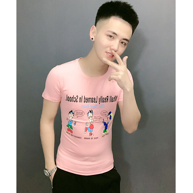 2021 summer new trend men slim cartoon short-sleeved social youth trend handsome half-sleeve spirit guy half-sleeve