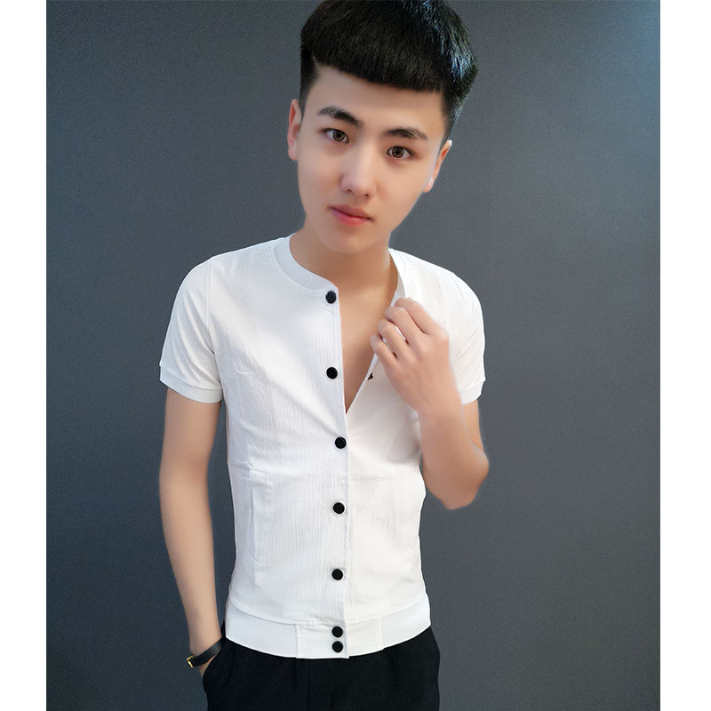 Spirit guy slim-cut clothes short-sleeved male social man cardigan half-sleeved youth collar t-shirt tide fast hand the same