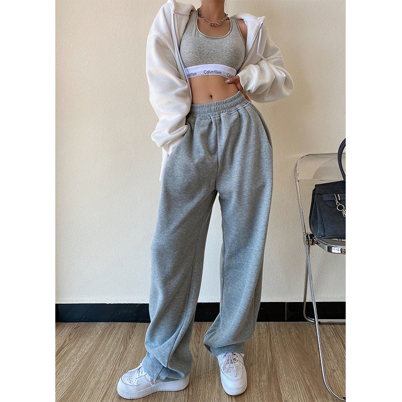 Liviahome European and American straight sweatpants women high waist leggings loose gray casual wide-legged pants ins tide