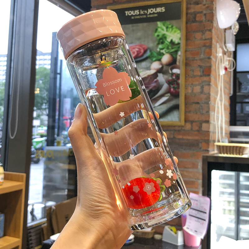 Small fresh double-layer insulation heat-resistant glass with tea insulation tea cup portable hand-in-hand cup female Sen tie cup