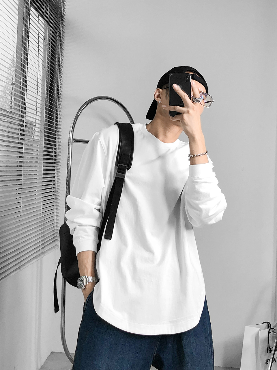 Dragon talk Xinjiang cotton irregular long-sleeved t-shirt mens spring new American tide brand trend top loose Korean version